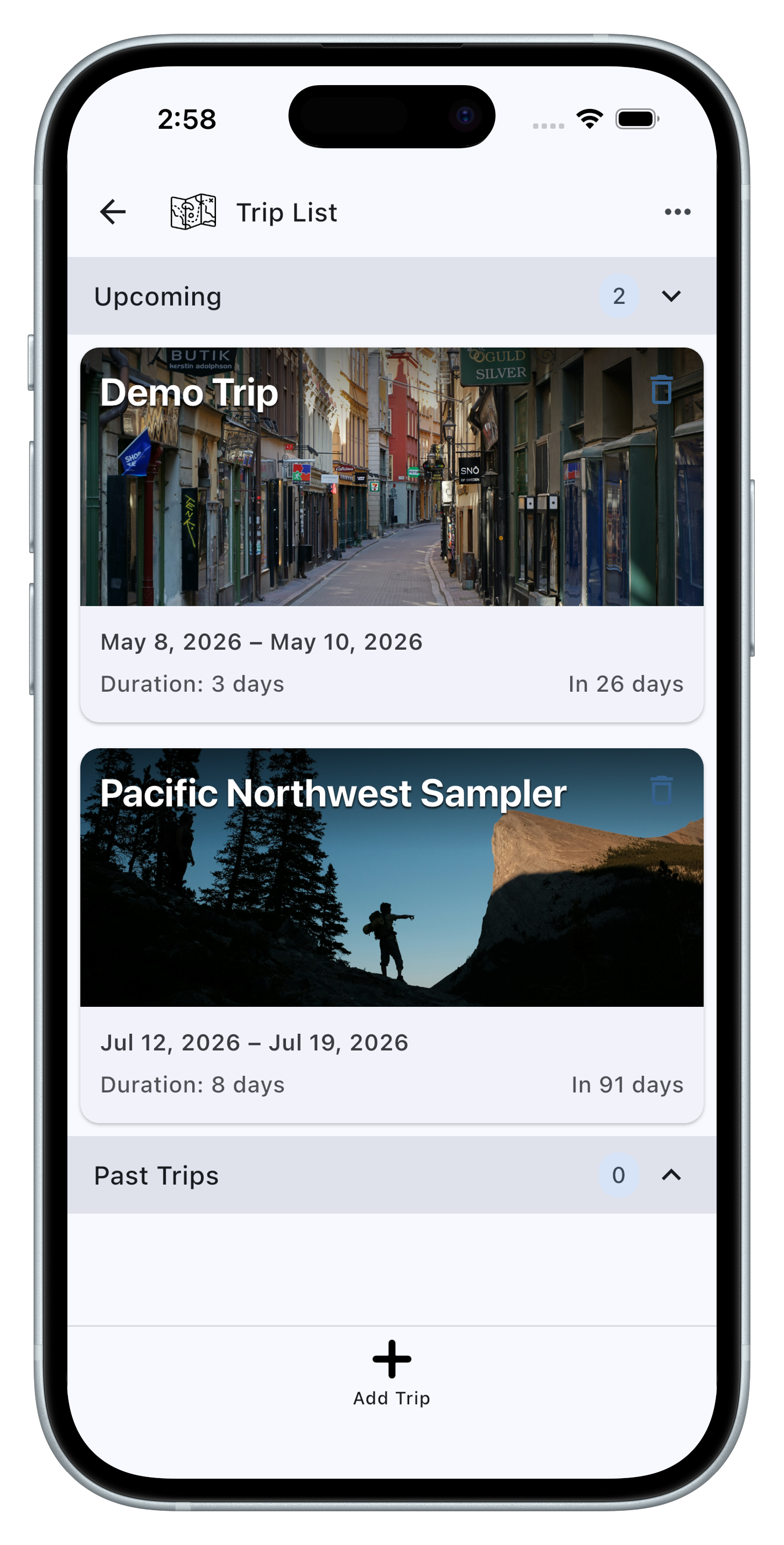 The TrekCrumbs trip list screen showing an upcoming trip.